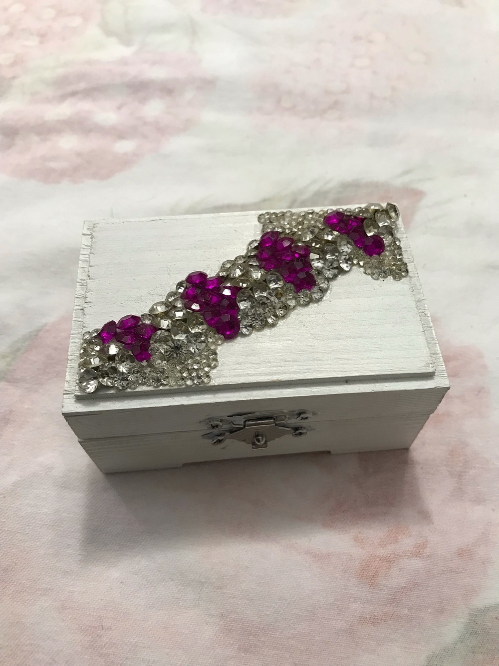 Handmade White Small Wooden Jewelry Trinket Box with White and Purple Rhinestone